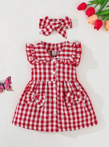 SHEIN Vintaside Kids 女婴休闲格纹盖袖百搭连衣裙，适合户外或日常居家穿着