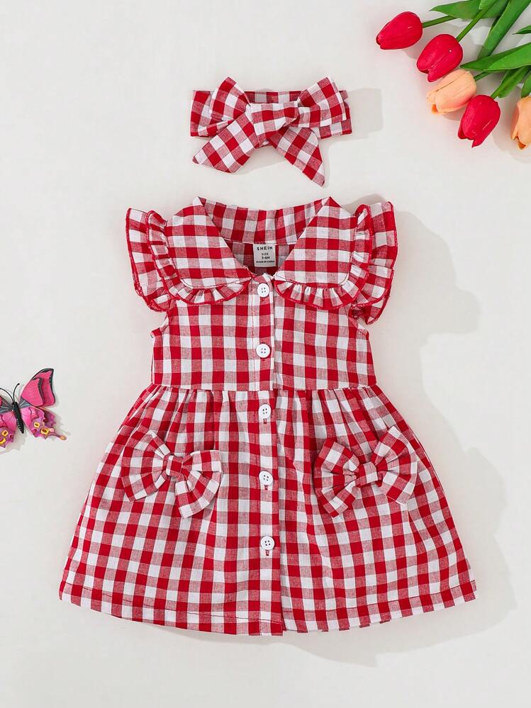 SHEIN Vintaside Kids فستان بناتي كاجوال قابل للارتداء في أي مكان مع أكمام قصيرة على شكل مربعات، مناسب للاستخدام في الخارج أو في المنزل اليومي - الأحمر - مشاهدة 6