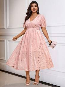 SHEIN Belle 大码 V 领金属光泽宽松优雅派对连衣裙 - 粉色 - 查看 6