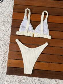 Swim Mod 女士 2 件套泳衣套装，纯色镂空网眼裹身紧身胸衣，配有荷叶边肩带和纯色低腰荷叶边侧泳裤，成人沙滩比基尼 - 杏色 - 查看 6