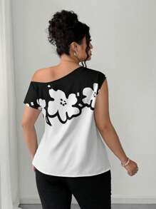 Elenzga Plus Size Asymmetric Collar Elegant Short Sleeve Printed Shirt