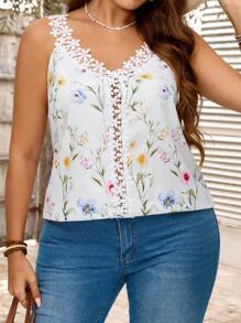 EMERY ROSE Plus Size V-Neck Floral Print Halter Tank Top, Casual For Vacation,Vacation Woman Summer Women Office Wear, Festival Boho,Holiday,Flower/Spring - White - View 5
