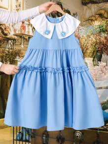 Tween Mädchen Lässig Süß Frühling Tween Mädchen Hellblau Geeignet für Ausflüge Reisen Polokragen Floral Dekor Rüschensaum Kleid - Blau - Übersicht 6