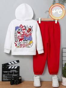 2 件装年轻男童休闲学院风字母卡通涂鸦标语图案连帽衫和运动裤，适合街头和学校场景，秋冬季 - 紅色 - 查看 1