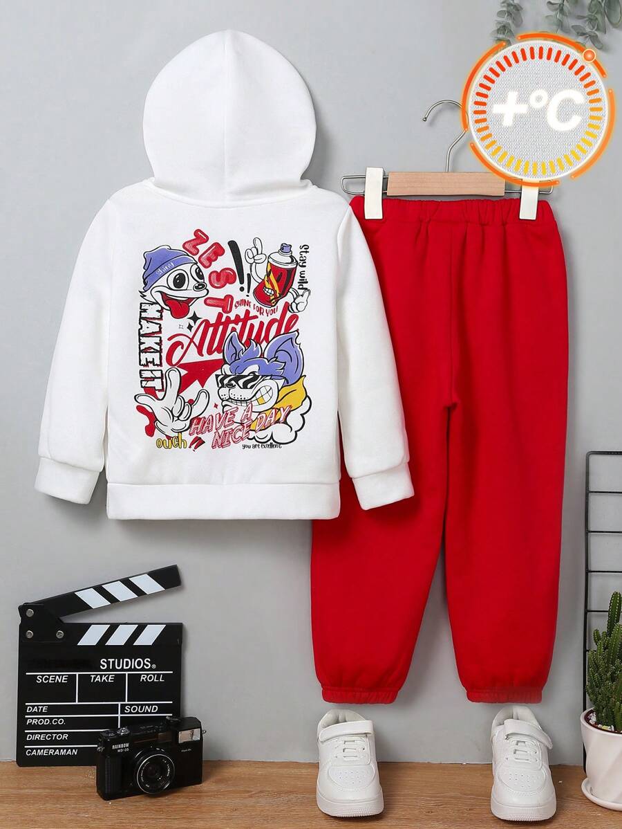2 件装年轻男童休闲学院风字母卡通涂鸦标语图案连帽衫和运动裤，适合街头和学校场景，秋冬季 - 紅色 - 查看 1