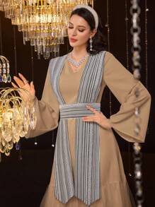 Al Najma Elegant Women's Arabic Stitching Knit Splice Dress, Modest - Camel - View 7
