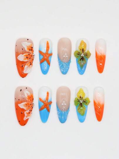 ROMWE Avant 10pcs High-Quality Handmade Starfish Flower Polka Dot False Nails +3 Sheets Double-Sided Adhesive, Y2K Style Detachable Rhinestone Gradient Ocean Elements Nail Art Stickers, Suitable For Holiday Parties, Dancing & Daily Wear
