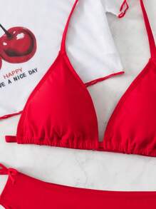 Conjunto de bikini con camiseta de manga corta blanca con estampado alegre de cerezas y lazo rojo para adolescentes, ideal para vacaciones y playa de verano