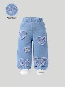 Pantalones anchos de niña con lavado claro, cintura elástica, parche bordado con corazón, el mejor estilo diario casual urbano - Lavado ligero - Ver 1