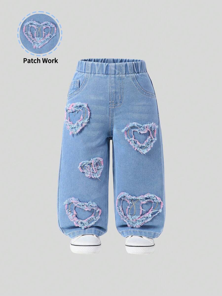 Pantalones anchos de niña con lavado claro, cintura elástica, parche bordado con corazón, el mejor estilo diario casual urbano - Lavado ligero - Ver 1