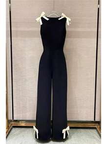 Rafferiza 女士优雅蝴蝶结腰部修身高腰连体裤 - 黑色 - 查看 6