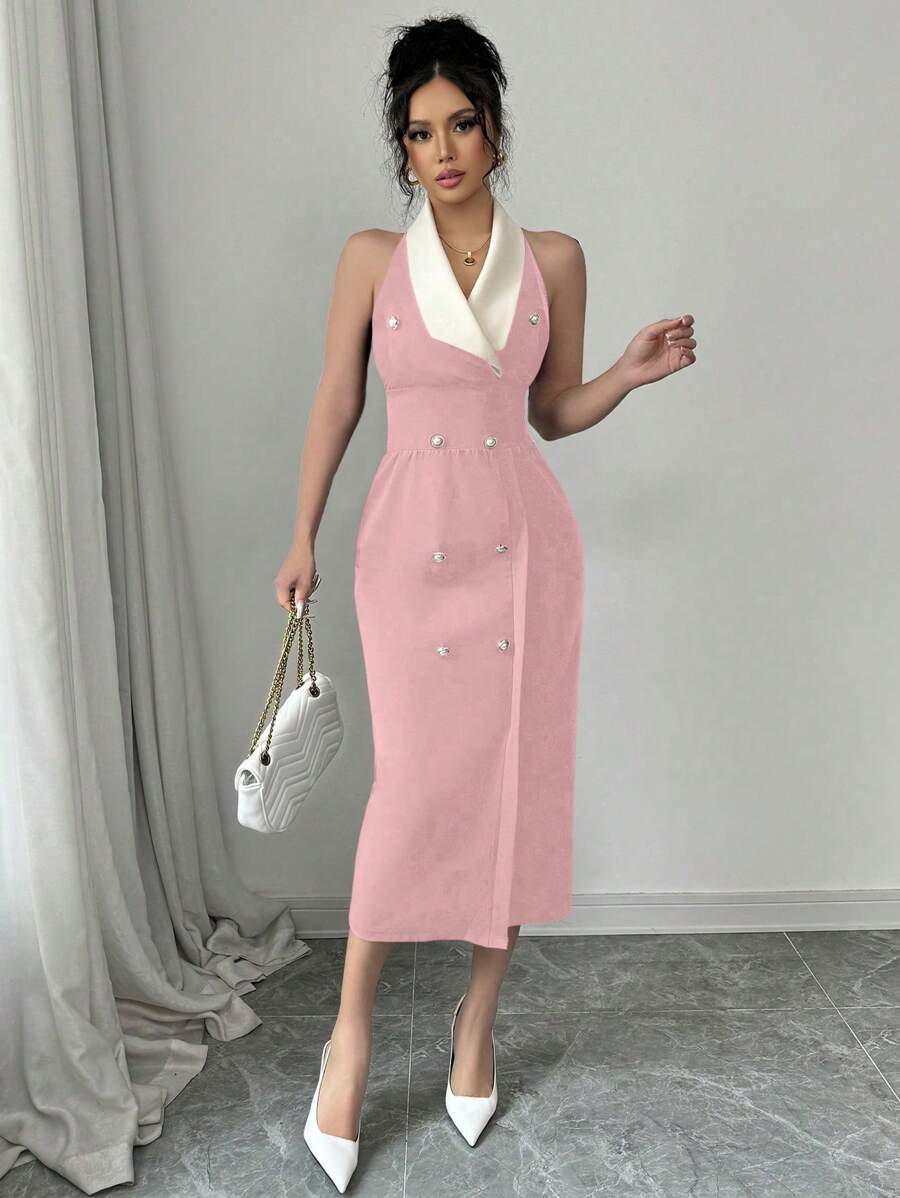 Elenzga Elegant & Refined Color Block Office/Party Dress - Pink - View 1