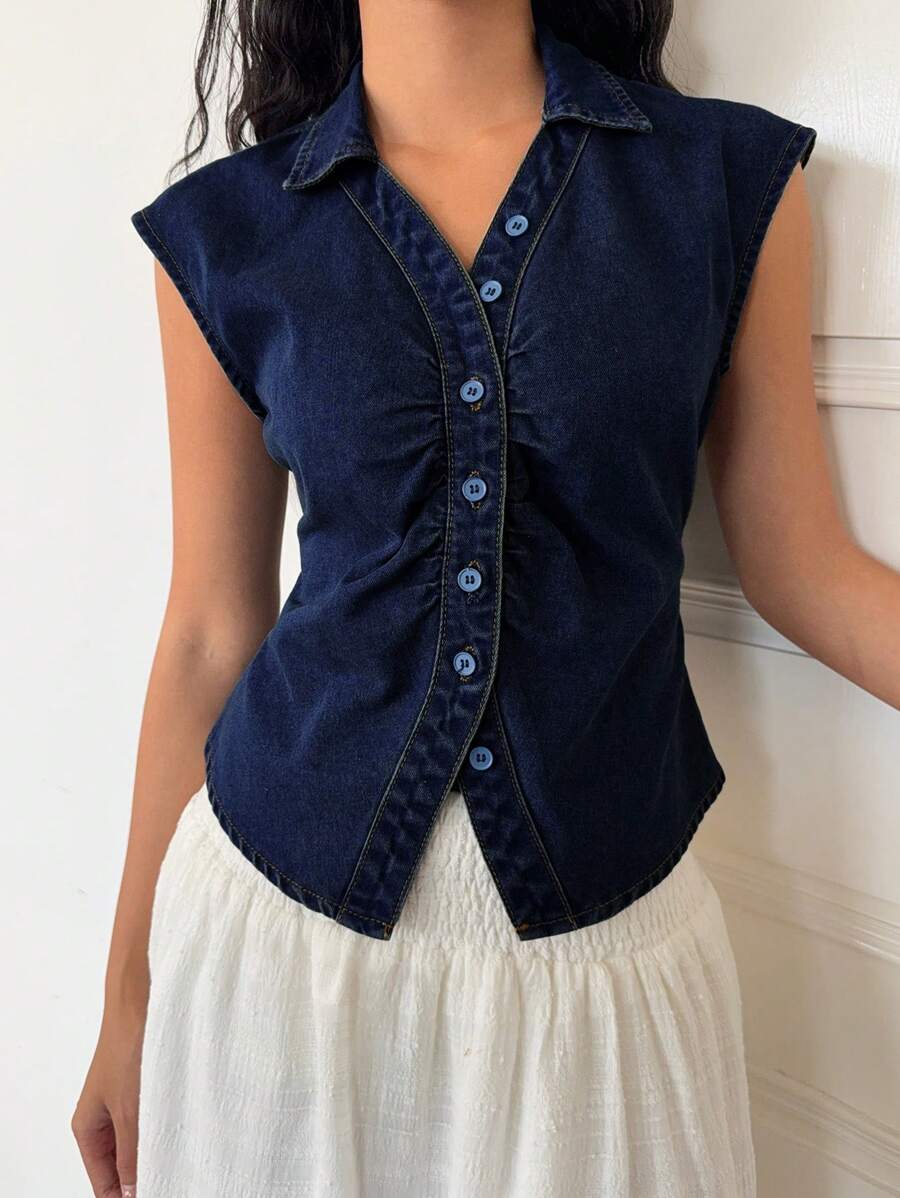 SHEIN ICON Blusa vaquera sin mangas para mujer, de estilo casual y ajustada, en color azul