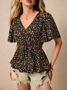 Poéselle Women's V-Neck Floral Print Summer Casual Short Sleeve Shirt