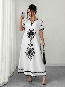 Elenzga Plus Size Women Loose Short Sleeve Printed Casual Vacation Dress