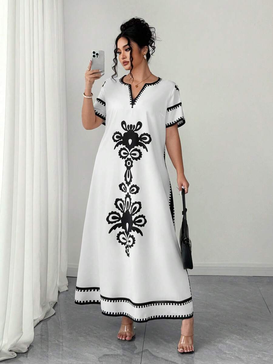 Elenzga Plus Size Women Loose Short Sleeve Printed Casual Vacation Dress