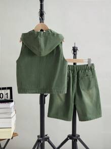 SHEIN Tween Boy Solid Color Hooded Vest, Sleeveless Short Minimalist Fashion Suit, Suitable For Summer,Holiday,Summer,Travel - Army Green - View 2