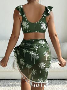 Conjunto de traje de baño de 3 piezas de mujer con estampado de árbol de coco, con bikini y falda pareo con flecos