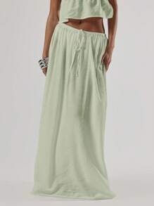 Musera Resort 低腰抽绳飘逸优雅性感超长裙海滩度假罩衫春夏季假期 - 綠色 - 查看 3