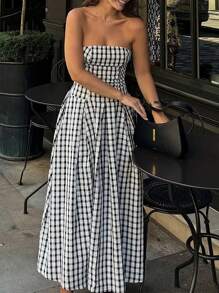 INAWLY 女士格子褶皱休闲抹胸连衣裙