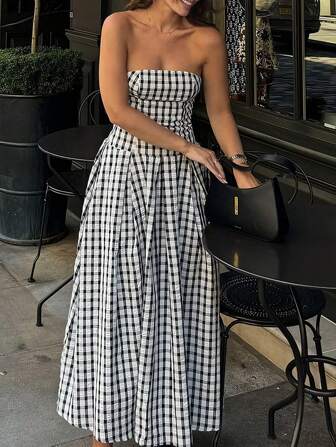 INAWLY Women's Plaid Pleated Casual Tube Dress