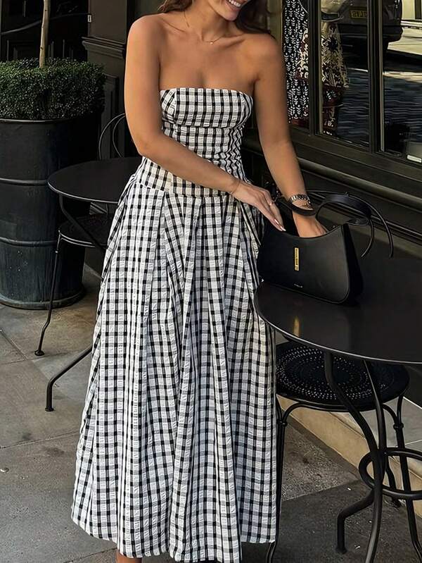 INAWLY 女士格子褶皱休闲抹胸连衣裙