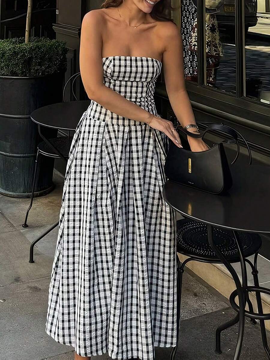 INAWLY 女士格子褶皱休闲抹胸连衣裙