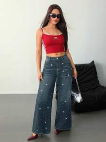 SHEIN Tall 女士低腰宽松亮片演唱会牛仔裤 - 深色水洗藍 - 查看 6