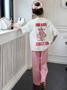 Dazy Kids 青少年女孩休闲圆领字母印花短袖 T 恤 + 格子梭织裤家居服套装，春夏季，返校服装 - 白色 - 查看 4