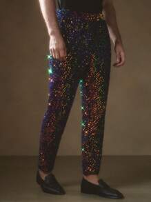 Manfinity VCAY 1 件装 男士 Y2K 服装 华丽编织商务休闲派对装 高街复古风格黑色亮片裤子 返校秋季服装 万圣节服装 - 紫色 - 查看 5