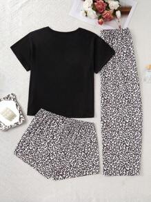 SHEIN Set de pijama de 3 piezas de talla grande con unicolor y estampado de leopardo de manga corta