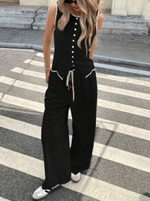 Serisse Bộ 2 áo ba lỗ và quần dài họa tiết khối màu đi làm thường ngày cho nữ - màu đen - Xem 5