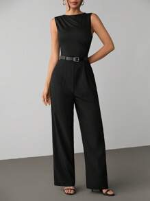 SHEIN PETITE Women Casual Solid Sleeveless Jumpsuit - Black - View 3