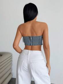 EURMUSE Asymmetric Hem Denim Tube Top, Fashionable For Summer - Medium Wash - View 3