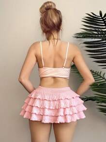 EgrlEra Women's Y2K Textured Fabric Pink Puff Ruffle Hem Flare Skirt - Pink - View 2