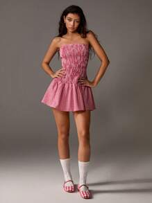 TRNVIE Women's Checkered Strapless Ruffle Dress, Casual & Fashionable For Summer Vacation - Red and White - View 5