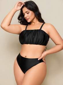SHEIN Swim Curve Plus Size Women's Minimalist Basic Beach Holiday Bikini Set For Summer Beach Vacation - Black - View 4