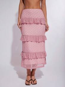 COSMINA Women's Elegant Multi-Layer Ruffle Hem Long Skirt - Pink - View 1