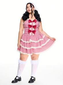 ROMWE Kawaii 大码女式 Cottagecore 可爱蝴蝶结蕾丝边红白格子印花连衣裙 - 酒紅色 - 查看 5