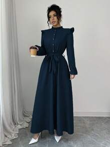 Lyxana 女士纯色荷叶边前扣长袖休闲长款收腰连衣裙长款女装