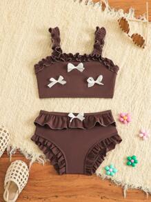 SHEIN 2pcs Girls Adorable Bowknot Halter Top & Ruffle Trim Bottom Swimsuit Set - Brown - View 1