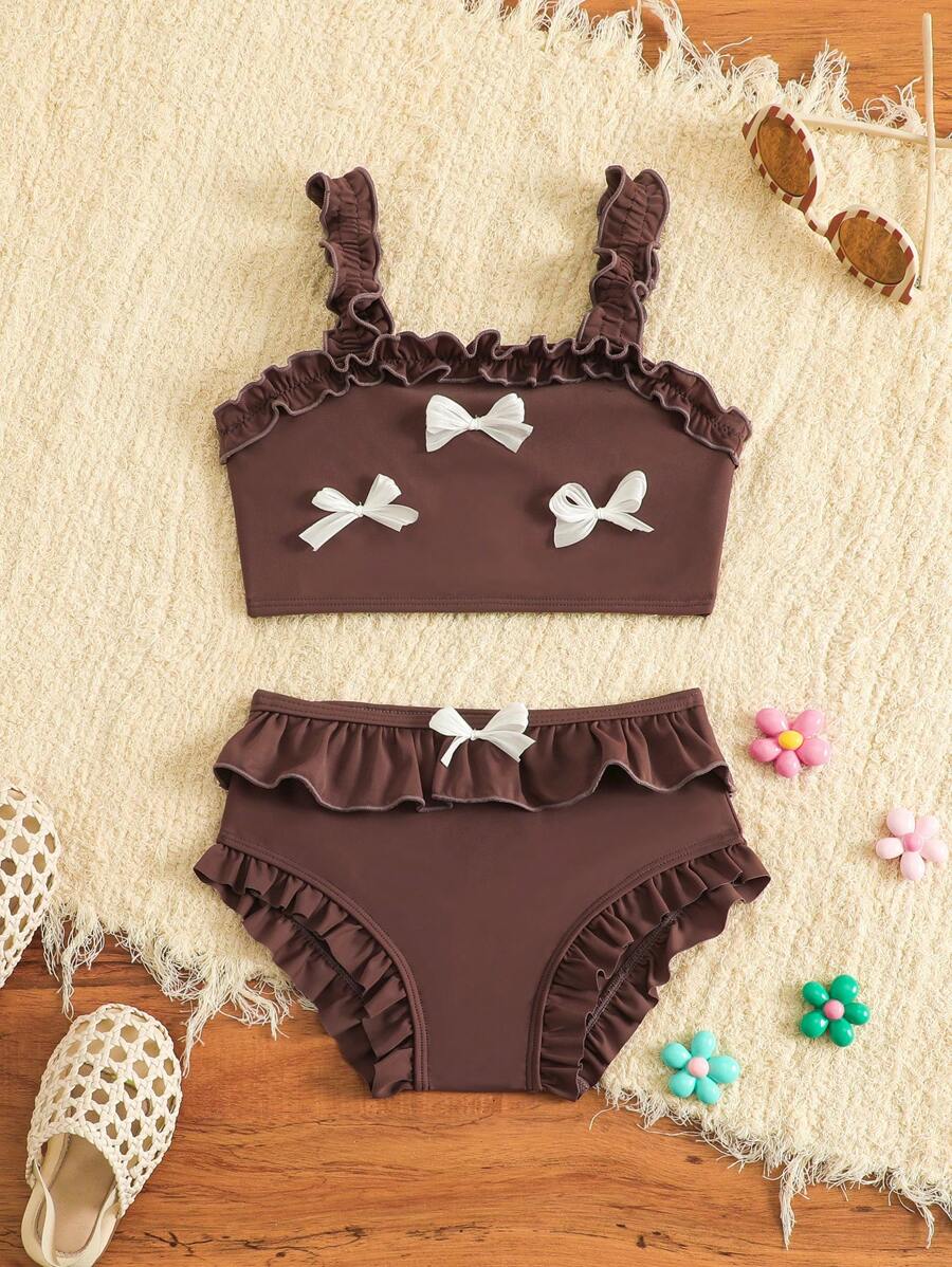 SHEIN 2pcs Girls Adorable Bowknot Halter Top & Ruffle Trim Bottom Swimsuit Set - Brown - View 1