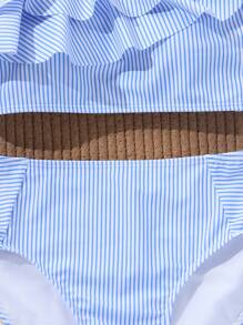 Tween Girl Swimwear Set - Blue & White Striped Spaghetti Strap Swimsuit With Double Ruffle Hem And Matching Blue & White Striped Swim Shorts, Suitable For Summer, Spring & Autumn Holiday/Beach/Water Park/Swimming, Sweet & Minimalist Urban Fashion