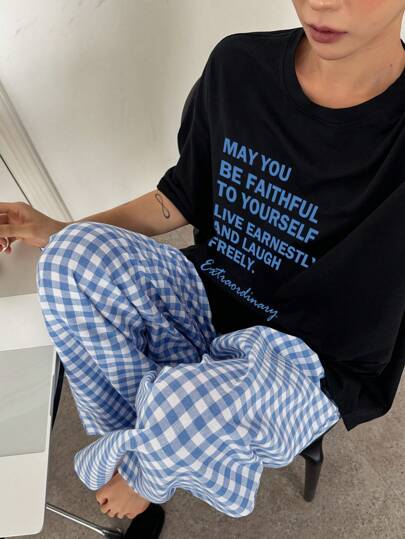DAZY Letter Print Decor Loose T-Shirt And Plaid Straight Leg Lounge Pants Set Pajama