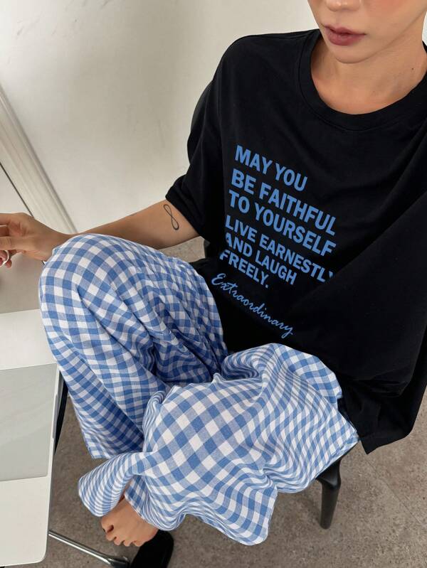 DAZY Letter Print Decor Loose T-Shirt And Plaid Straight Leg Lounge Pants Set Pajama