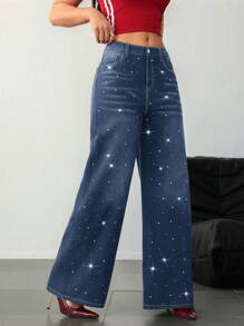 SHEIN Tall 女士牛仔裤 女式高腰牛仔裤 黑色低腰宽松闪亮水钻牛仔裤 闪亮牛仔裤 宽松女式牛仔裤 低腰宽松牛仔裤 女式下装 亮片裤 闪光裤 女式高腰裤 - 深色水洗藍 - 查看 4