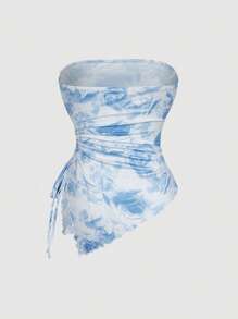 SHEIN MOD Tube Top With Side Drawstrings, Asymmetrical Hem, Retro Printed Tube Top, Autumn Top, Top, Going Out Top, Tight Top - Baby Blue - View 2