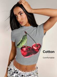 SHEIN BAE Damen T-Shirt mit Chreey Frucht Grafik-Muster, Rundhalsausschnitt und Kurzarm, einfache, lässige Schulkleidung, geeignet als weißes Sommer-Top für Ausflüge - Hellgrau - Übersicht 7