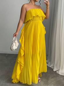 Elenzga Plus Size French Romantic Solid Color Pleated Ruffle Cold Shoulder Long Dress, Spring/Summer - Yellow - View 7