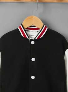 SHEIN 年轻男孩舒适休闲龙纹拼色羊毛棒球夹克 - 黑色 - 查看 3